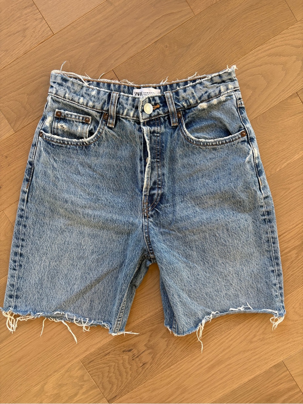 Zara Frayed Hem Mid-Length Blue Denim Shorts